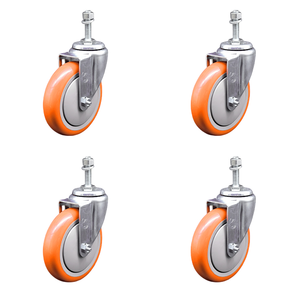Stainless Steel Polyurethane Swivel Threaded Stem Caster Set of 4 w/5" x 1.25" Orange Wheels and 3/8" Stems - Includes 4 Swivel - 1400 lbs Total Capacity - Service Caster Brand — photo 1