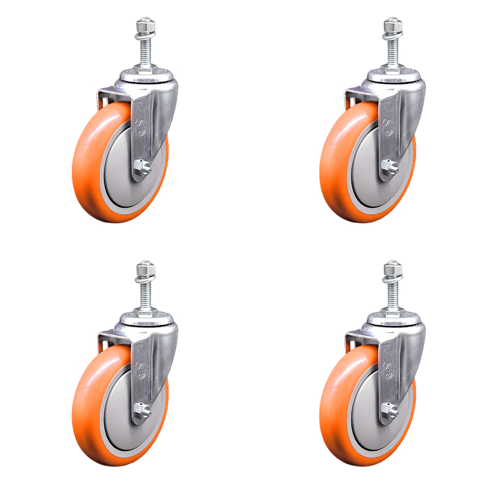 Stainless Steel Polyurethane Swivel Threaded Stem Caster Set of 4 w/5" x 1.25" Orange Wheels and 10mm Stems - Includes 4 Swivel - 1400 lbs Total Capacity - Service Caster Brand — photo 1