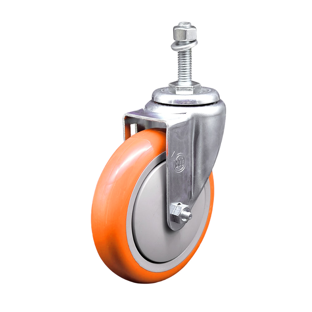 Stainless Steel Polyurethane Swivel Threaded Stem Caster w/5" x 1.25" Orange Wheel and 10mm Stem - 350 lbs Capacity/Caster - Service Caster Brand — photo 1