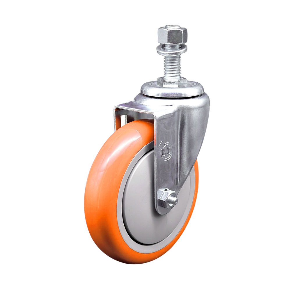 Stainless Steel Polyurethane Swivel Threaded Stem Caster w/5" x 1.25"  Orange Wheel and 12mm Stem - 350 lbs Capacity/Caster - Service Caster Brand — photo 1