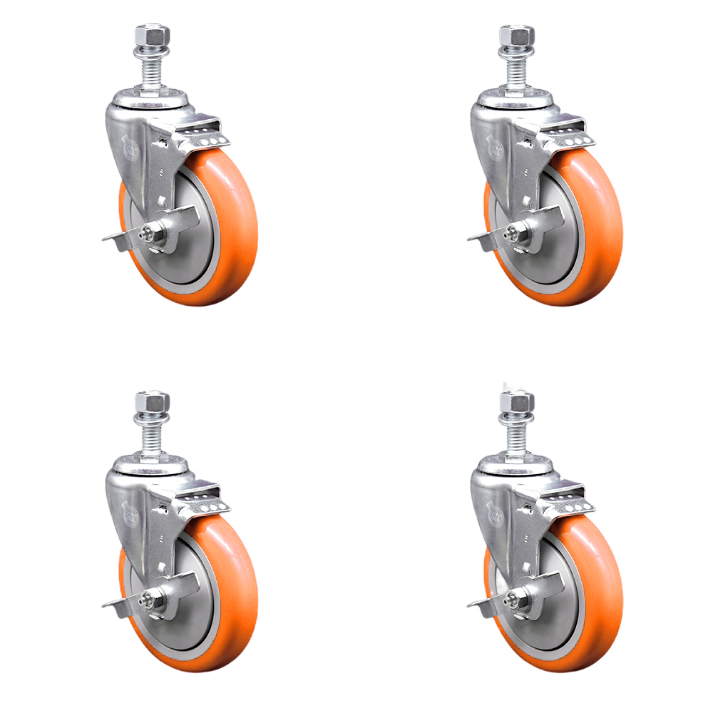 Stainless Steel Polyurethane Swivel Threaded Stem Caster Set of 4 w/5" x 1.25" Orange Wheels and 1/2" Stems - Includes 4 with Top Lock Brakes - 1400 lbs Total Capacity - Service Caster Brand — photo 1