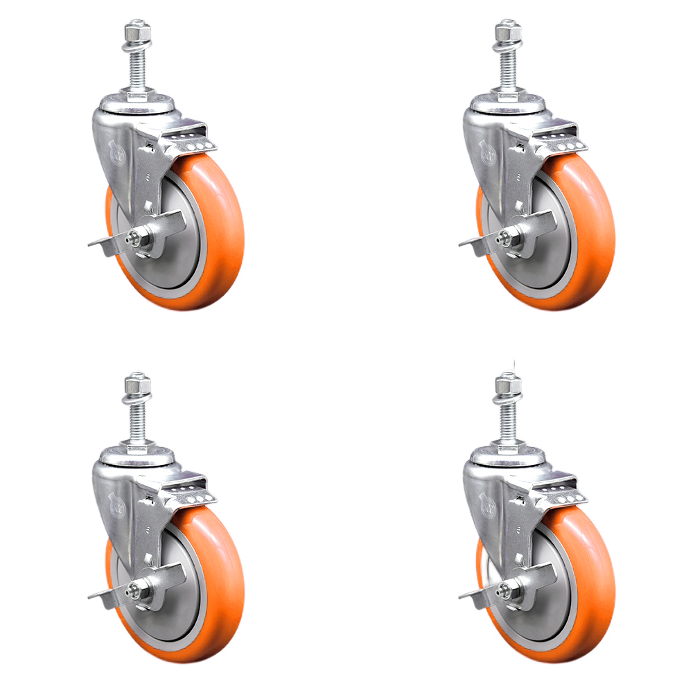 Stainless Steel Polyurethane Swivel Threaded Stem Caster Set of 4 w/5" x 1.25" Orange Wheels and 10mm Stems - Includes 4 with Top Lock Brakes - 1400 lbs Total Capacity - Service Caster Brand — photo 1