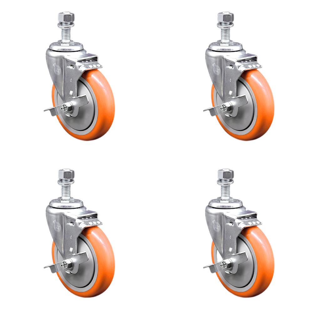 Stainless Steel Polyurethane Swivel Threaded Stem Caster Set of 4 w/5" x 1.25" Orange Wheels and 12mm Stems - Includes 4 with Top Lock Brakes - 1400 lbs Total Capacity - Service Caster Brand — photo 1