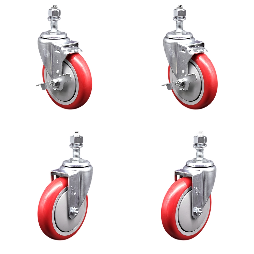 Stainless Steel Polyurethane Swivel Threaded Stem Caster Set of 4 w/5" x 1.25" Red Wheels and 1/2" Stems - Includes 2 with Top Locking Brake - 1400 lbs Total Capacity - Service Caster Brand — photo 1