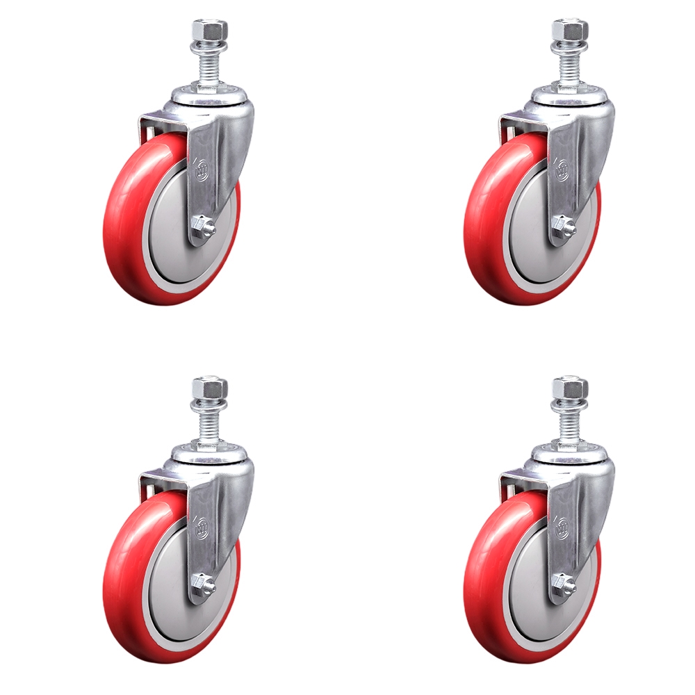 Stainless Steel Polyurethane Swivel Threaded Stem Caster Set of 4 w/5" x 1.25" Red Wheels and 1/2" Stems - Includes 4 Swivel - 1400 lbs Total Capacity - Service Caster Brand — photo 1