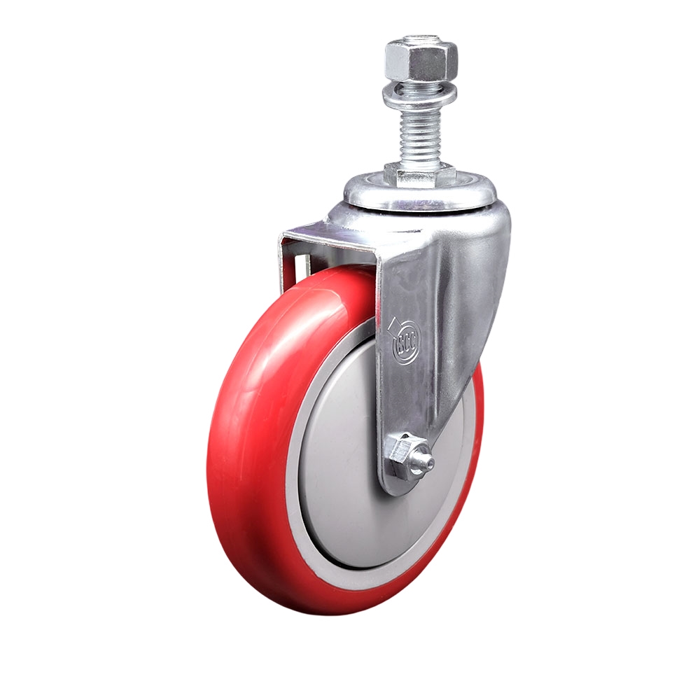 Stainless Steel Polyurethane Swivel Threaded Stem Caster w/5" x 1.25"  Red Wheel and 1/2" Stem - 350 lbs Capacity/Caster - Service Caster Brand — photo 1