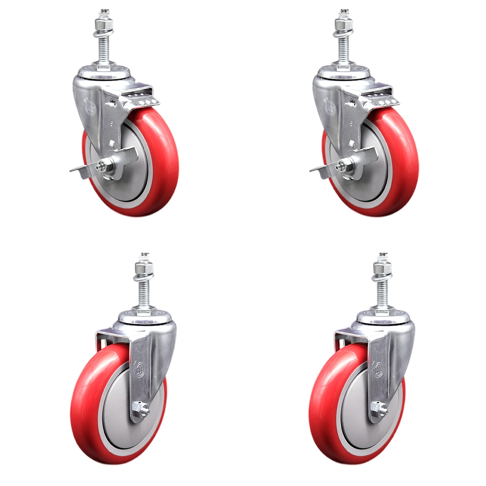 Stainless Steel Polyurethane Swivel Threaded Stem Caster Set of 4 w/5" x 1.25" Red Wheels and 3/8" Stems - Includes 2 with Top Locking Brake - 1400 lbs Total Capacity - Service Caster Brand — photo 1