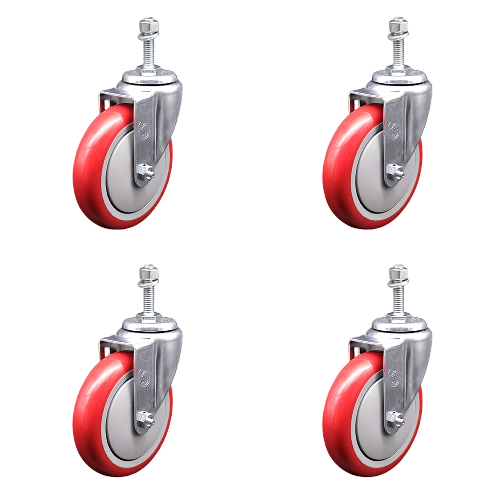 Stainless Steel Polyurethane Swivel Threaded Stem Caster Set of 4 w/5" x 1.25" Red Wheels and 3/8" Stems - Includes 4 Swivel - 1400 lbs Total Capacity - Service Caster Brand — photo 1