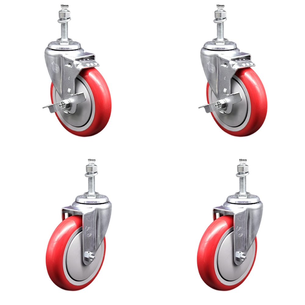 Stainless Steel Polyurethane Swivel Threaded Stem Caster Set of 4 w/5" x 1.25" Red Wheels and 10mm Stems - Includes 2 with Top Locking Brake - 1400 lbs Total Capacity - Service Caster Brand — photo 1