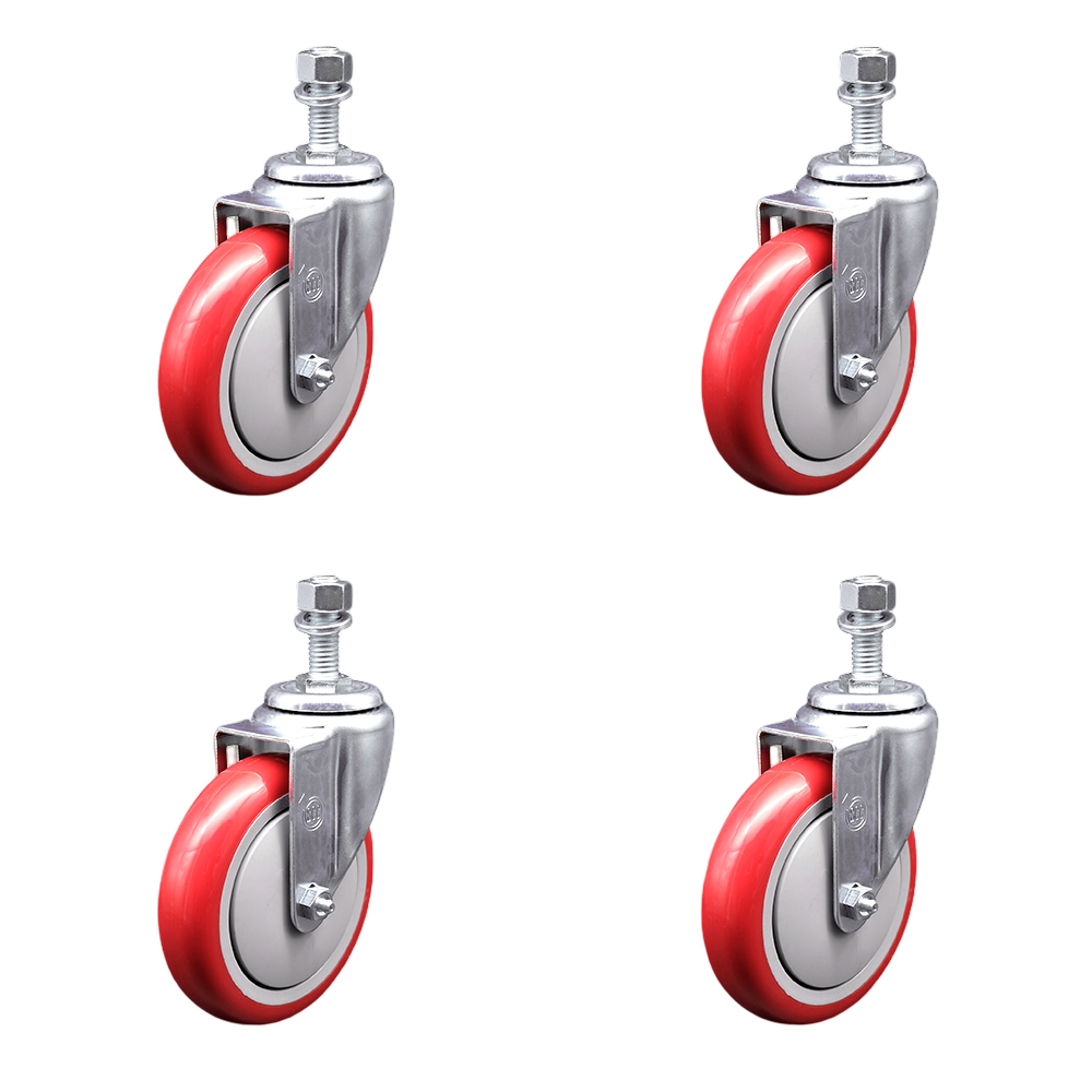 Stainless Steel Polyurethane Swivel Threaded Stem Caster Set of 4 w/5" x 1.25" Red Wheels and 12mm Stems - Includes 4 Swivel - 1400 lbs Total Capacity - Service Caster Brand — photo 1