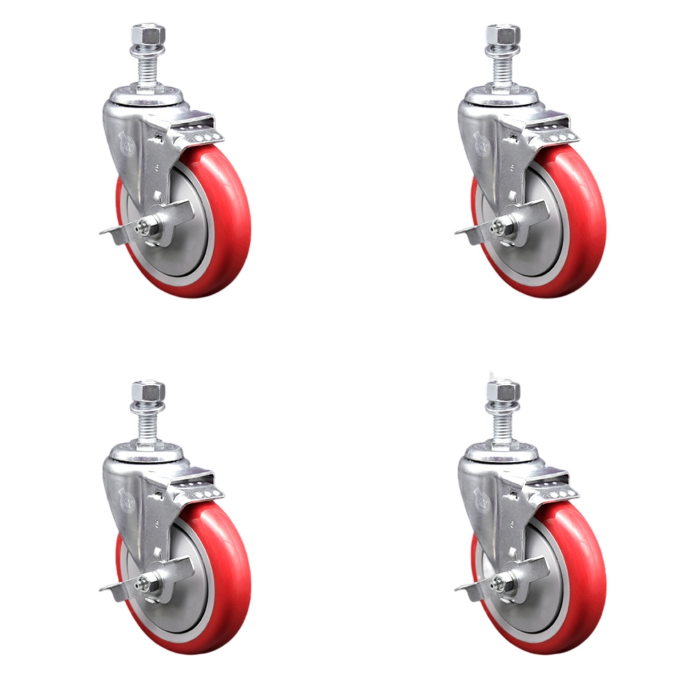 Stainless Steel Polyurethane Swivel Threaded Stem Caster Set of 4 w/5" x 1.25" Red Wheels and 1/2" Stems - Includes 4 with Top Lock Brakes - 1400 lbs Total Capacity - Service Caster Brand — photo 1