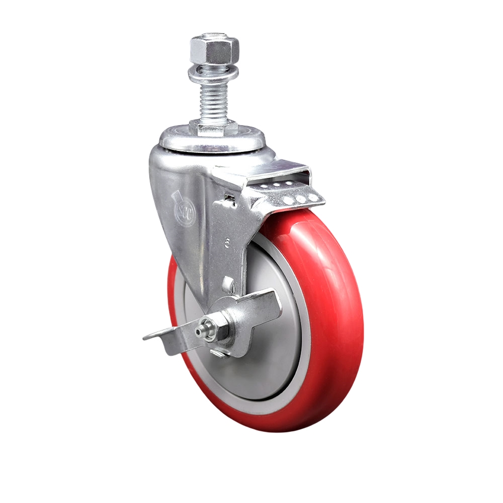 Stainless Steel Polyurethane Swivel Threaded Stem Caster w/5" x 1.25"  Red Wheel and 1/2" Stem & Top Locking Brake - 350 lbs Capacity/Caster - Service Caster Brand — photo 1