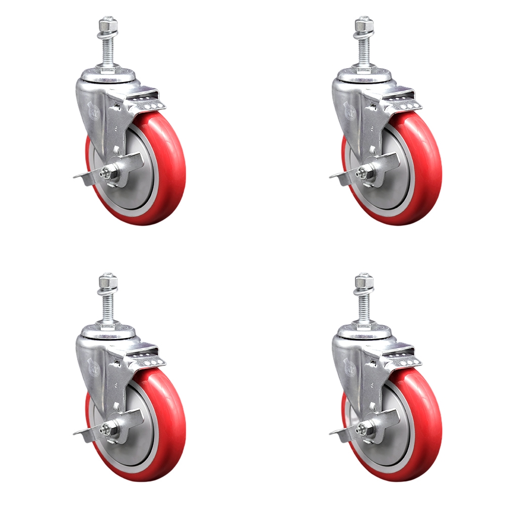 Stainless Steel Polyurethane Swivel Threaded Stem Caster Set of 4 w/5" x 1.25" Red Wheels and 3/8" Stems - Includes 4 with Top Lock Brakes - 1400 lbs Total Capacity - Service Caster Brand — photo 1