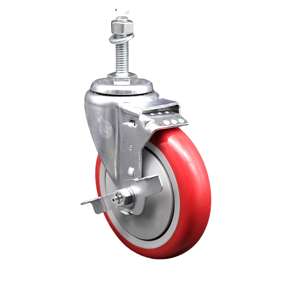 Stainless Steel Polyurethane Swivel Threaded Stem Caster w/5" x 1.25"  Red Wheel and 10mm Stem & Top Locking Brake - 350 lbs Capacity/Caster - Service Caster Brand — photo 1