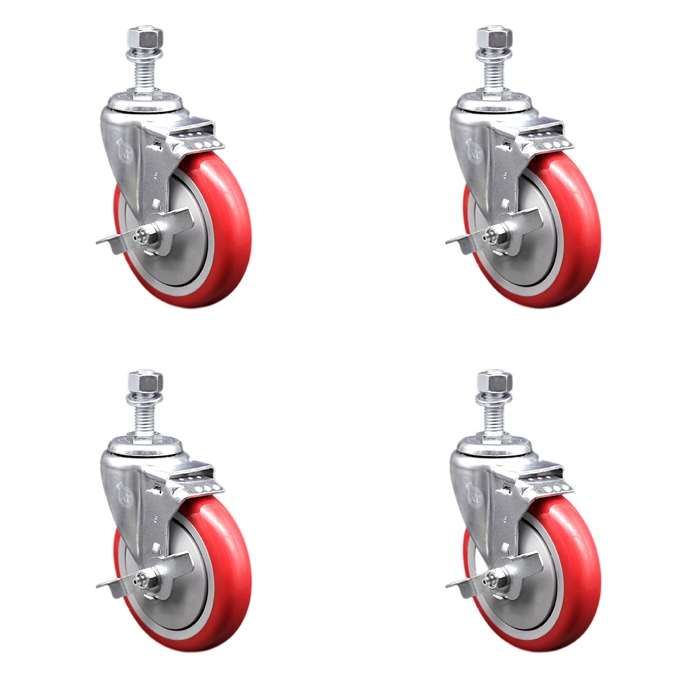 Stainless Steel Polyurethane Swivel Threaded Stem Caster Set of 4 w/5" x 1.25" Red Wheels and 12mm Stems - Includes 4 with Top Lock Brakes - 1400 lbs Total Capacity - Service Caster Brand — photo 1
