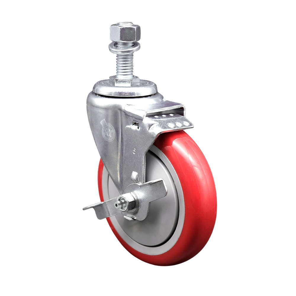Stainless Steel Polyurethane Swivel Threaded Stem Caster w/5" x 1.25"  Red Wheel and 12mm Stem & Top Locking Brake - 350 lbs Capacity/Caster - Service Caster Brand — photo 1