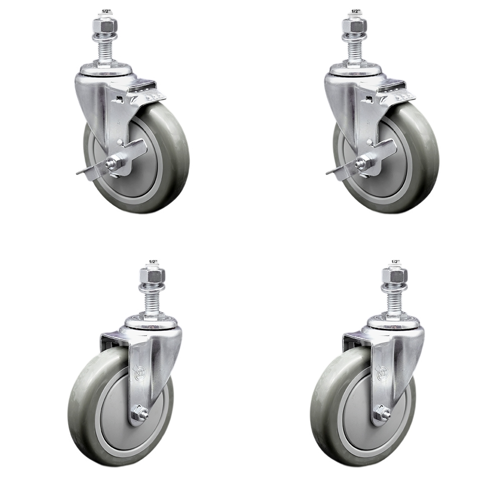 Stainless Steel Polyurethane Swivel Threaded Stem Caster Set of 4 w/5" x 1.25" Orange Wheels and 1/2" Stems - Includes 2 with Top Locking Brake - 1400 lbs Total Capacity - Service Caster Brand — photo 1