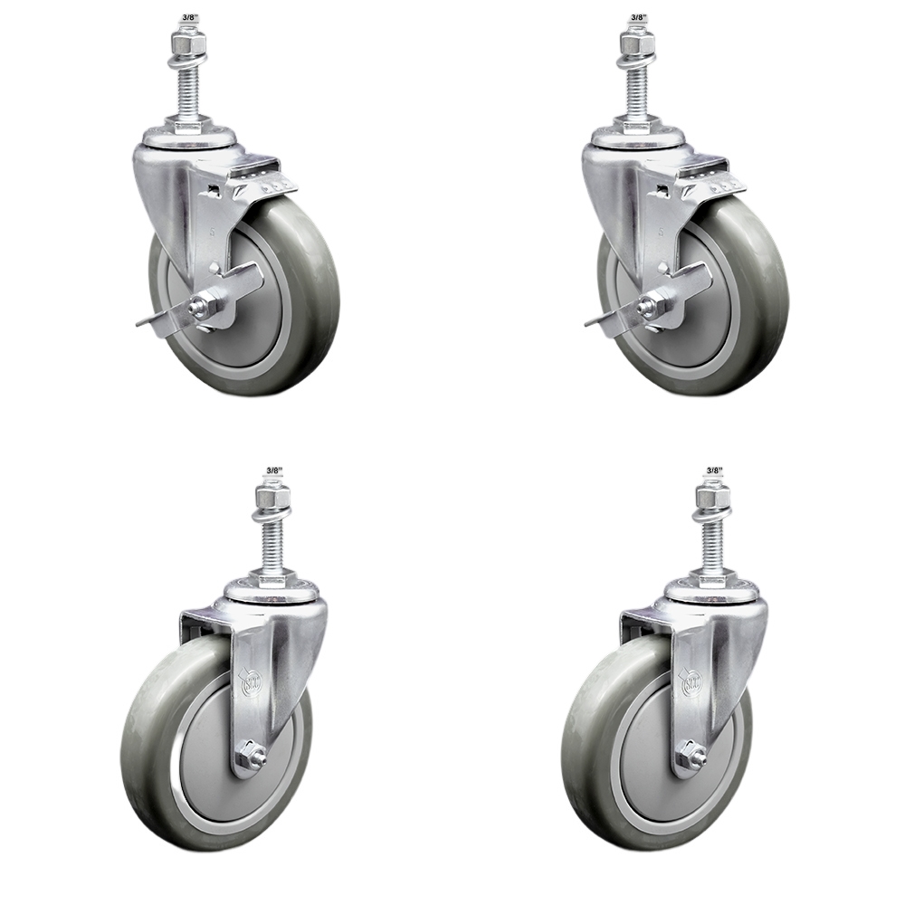 Stainless Steel Polyurethane Swivel Threaded Stem Caster Set of 4 w/5" x 1.25" Gray Wheels and 3/8" Stems - Includes 2 with Top Locking Brake - 1400 lbs Total Capacity - Service Caster Brand — photo 1