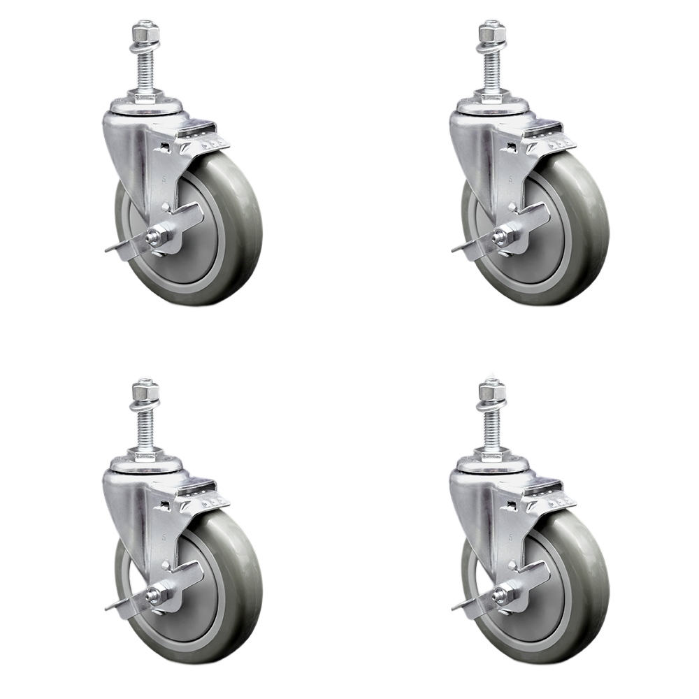 Stainless Steel Polyurethane Swivel Threaded Stem Caster Set of 4 w/5" x 1.25" Gray Wheels and 3/8" Stems - Includes 4 with Top Lock Brakes - 1400 lbs Total Capacity - Service Caster Brand — photo 1