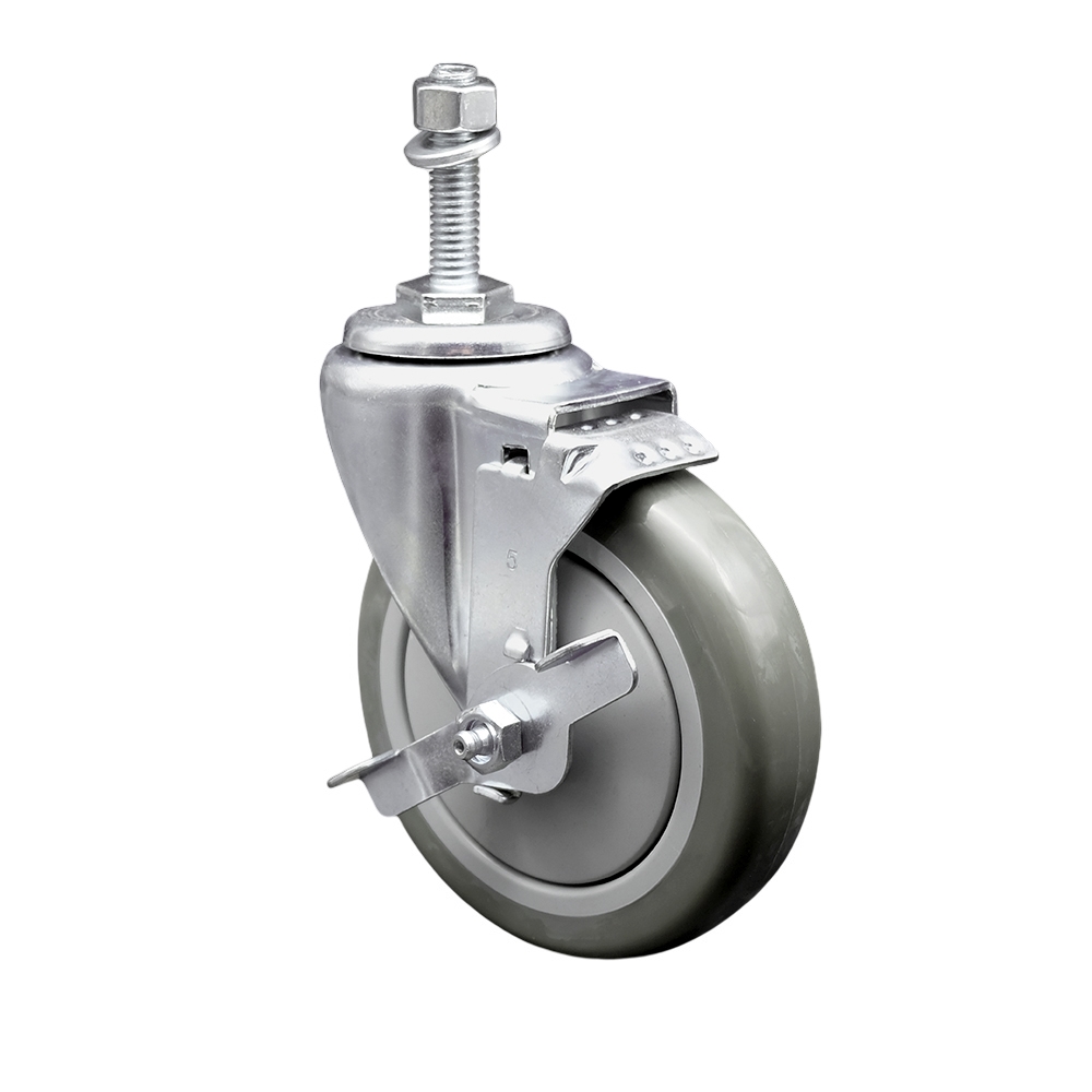Stainless Steel Polyurethane Swivel Threaded Stem Caster w/5" x 1.25" Gray Wheel and 3/8" Stem & Top Locking Brake - 350 lbs Capacity/Caster - Service Caster Brand — photo 1