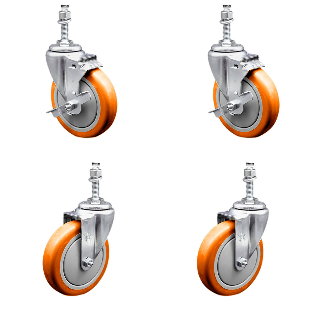 Stainless Steel Polyurethane Swivel Threaded Stem Caster Set of 4 w/5" x 1.25" Orange Wheels and 10mm Stems - Includes 2 with Top Locking Brake - 1400 lbs Total Capacity - Service Caster Brand — photo 1