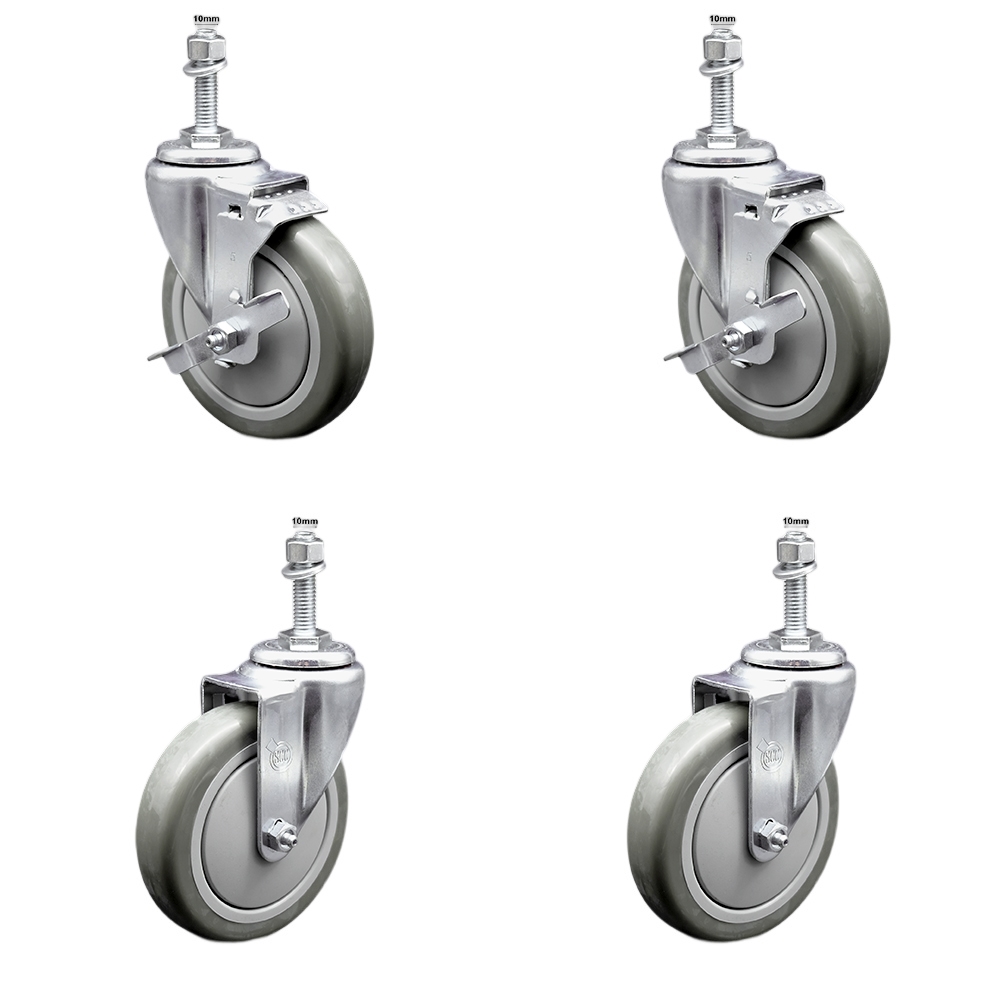 Stainless Steel Polyurethane Swivel Threaded Stem Caster Set of 4 w/5" x 1.25" Gray Wheels and 10mm Stems - Includes 2 with Top Locking Brake - 1400 lbs Total Capacity - Service Caster Brand — photo 1