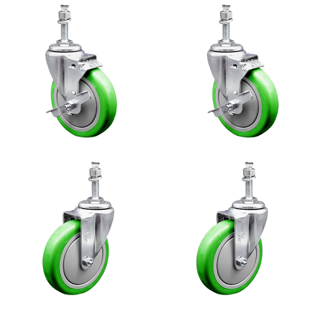 Stainless Steel Polyurethane Swivel Threaded Stem Caster Set of 4 w/5" x 1.25" Green Wheels and 10mm Stems - Includes 2 with Top Locking Brake - 1400 lbs Total Capacity - Service Caster Brand — photo 1