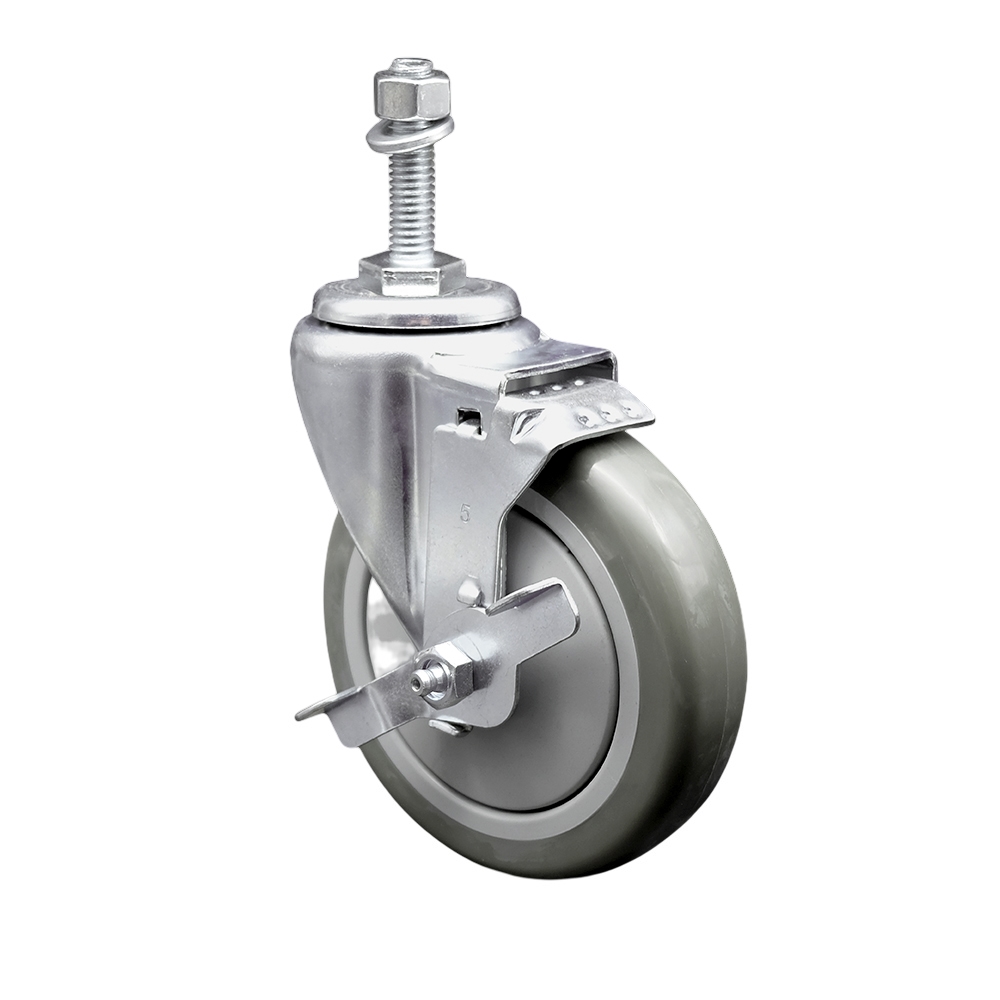 Stainless Steel Polyurethane Swivel Threaded Stem Caster w/5" x 1.25"  Gray Wheel and 10mm Stem & Top Locking Brake - 350 lbs Capacity/Caster - Service Caster Brand — photo 1