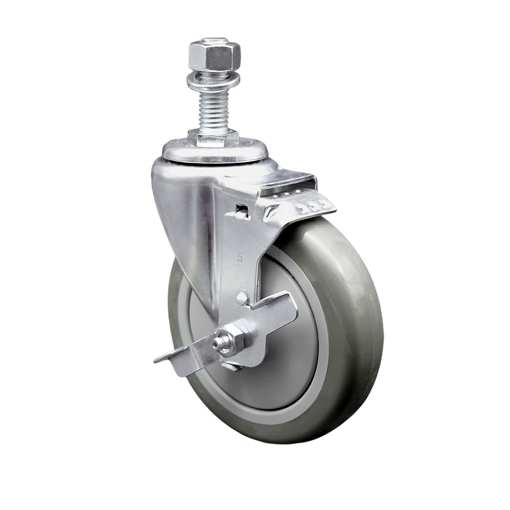Stainless Steel Polyurethane Swivel Threaded Stem Caster w/5" x 1.25"  Gray Wheel and 12mm Stem & Top Locking Brake - 350 lbs Capacity/Caster - Service Caster Brand — photo 1