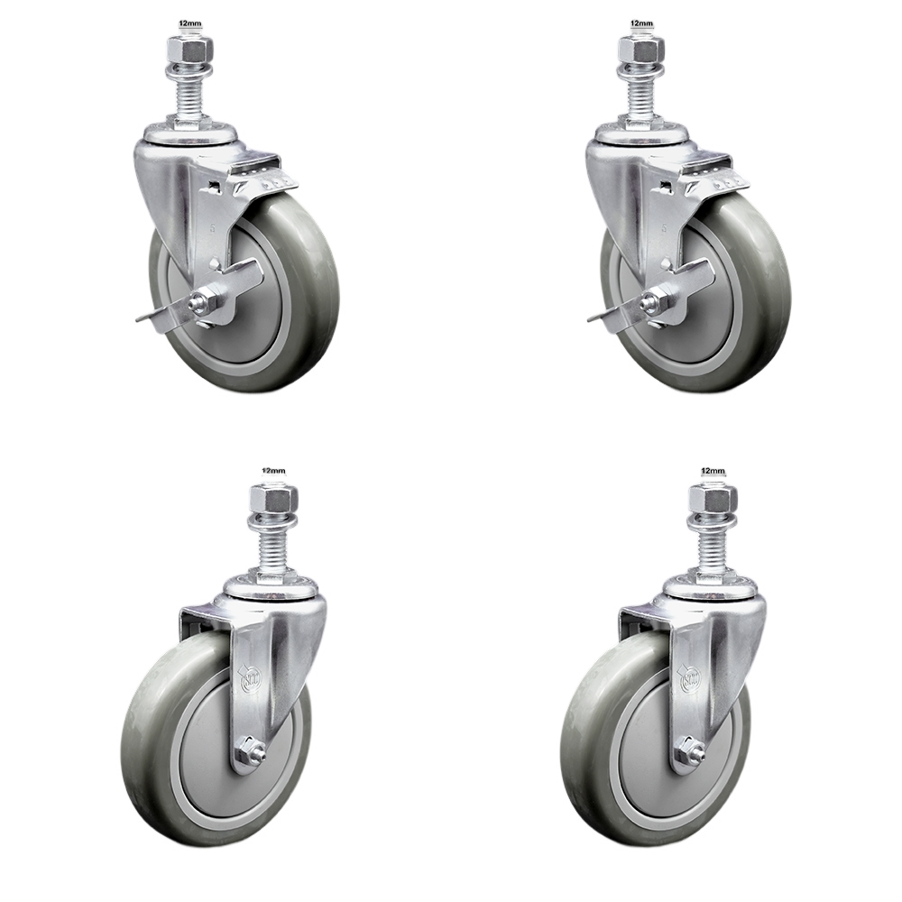 Stainless Steel Polyurethane Swivel Threaded Stem Caster Set of 4 w/5" x 1.25" Gray Wheels and 12mm Stems - Includes 2 with Top Locking Brake - 1400 lbs Total Capacity - Service Caster Brand — photo 1