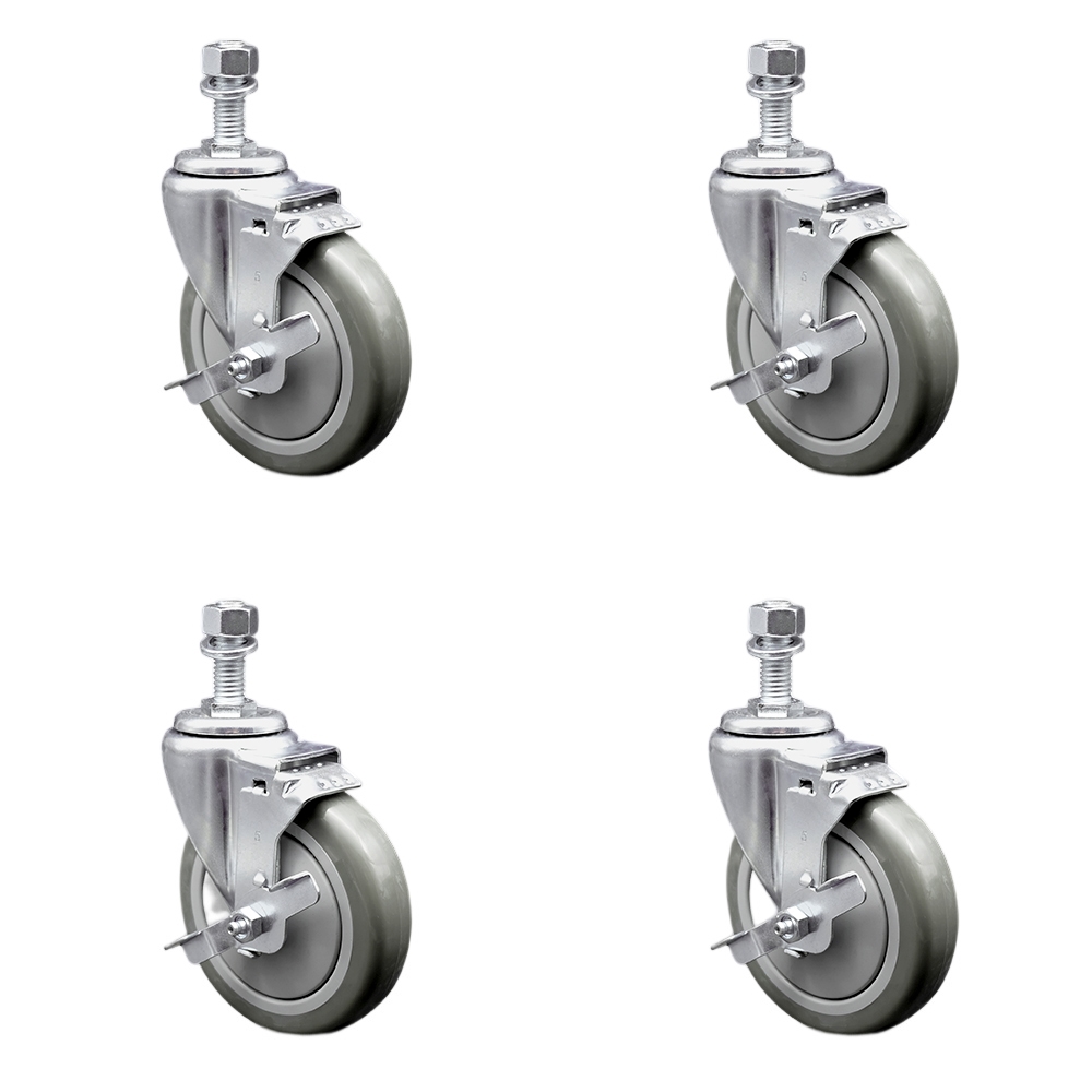 Stainless Steel Polyurethane Swivel Threaded Stem Caster Set of 4 w/5" x 1.25" Gray Wheels and 12mm Stems - Includes 4 with Top Lock Brakes - 1400 lbs Total Capacity - Service Caster Brand — photo 1