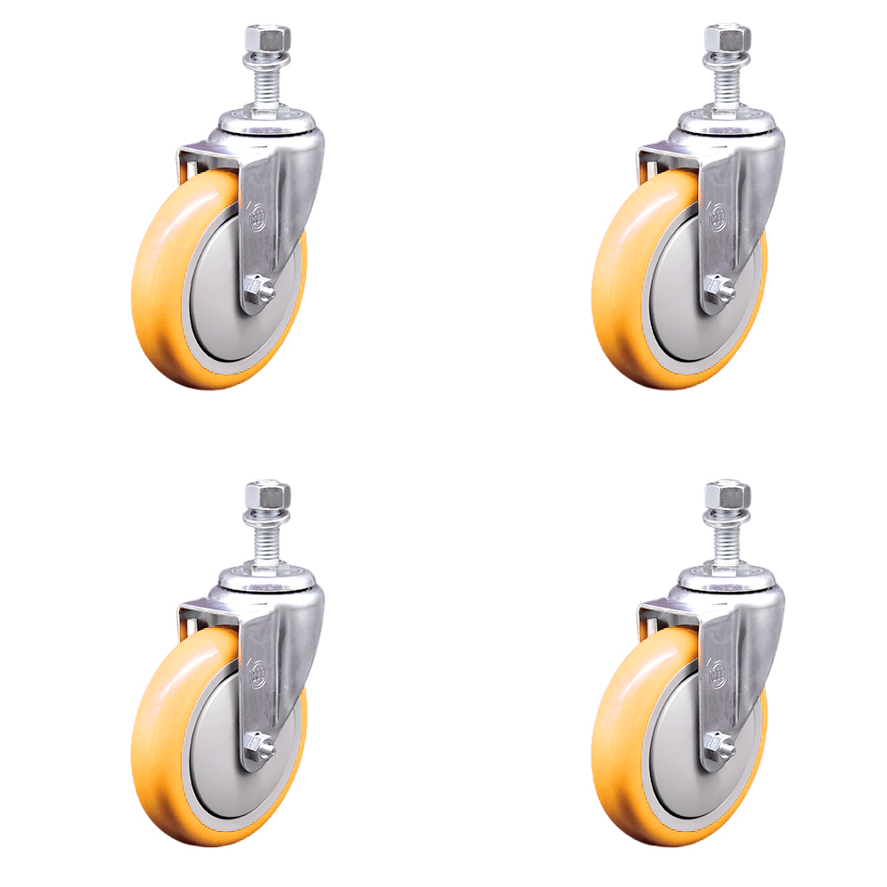 Stainless Steel Polyurethane Swivel Threaded Stem Caster Set of 4 w/5" x 1.25" Yellow Wheels and 1/2" Stems - Includes 4 Swivel - 1400 lbs Total Capacity - Service Caster Brand — photo 1