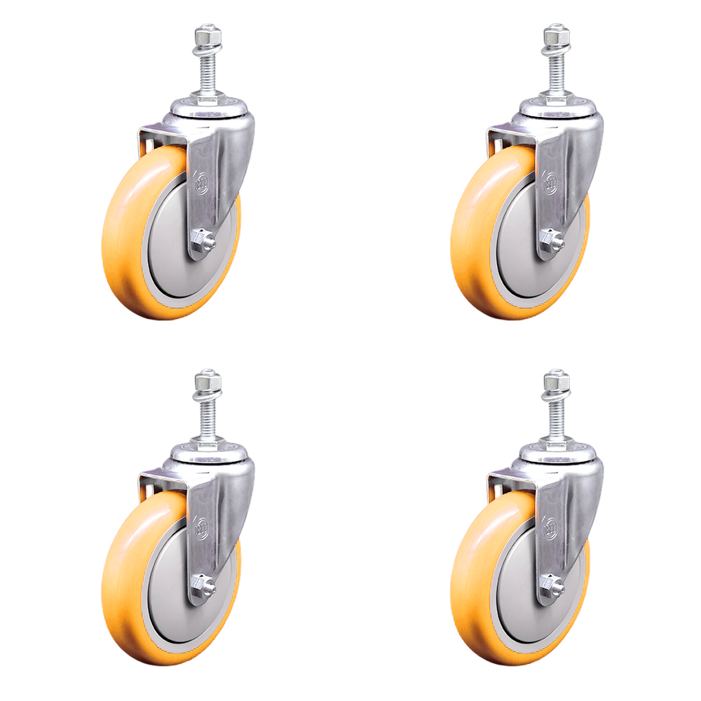 Stainless Steel Polyurethane Swivel Threaded Stem Caster Set of 4 w/5" x 1.25" Yellow Wheels and 3/8" Stems - Includes 4 Swivel - 1400 lbs Total Capacity - Service Caster Brand — photo 1