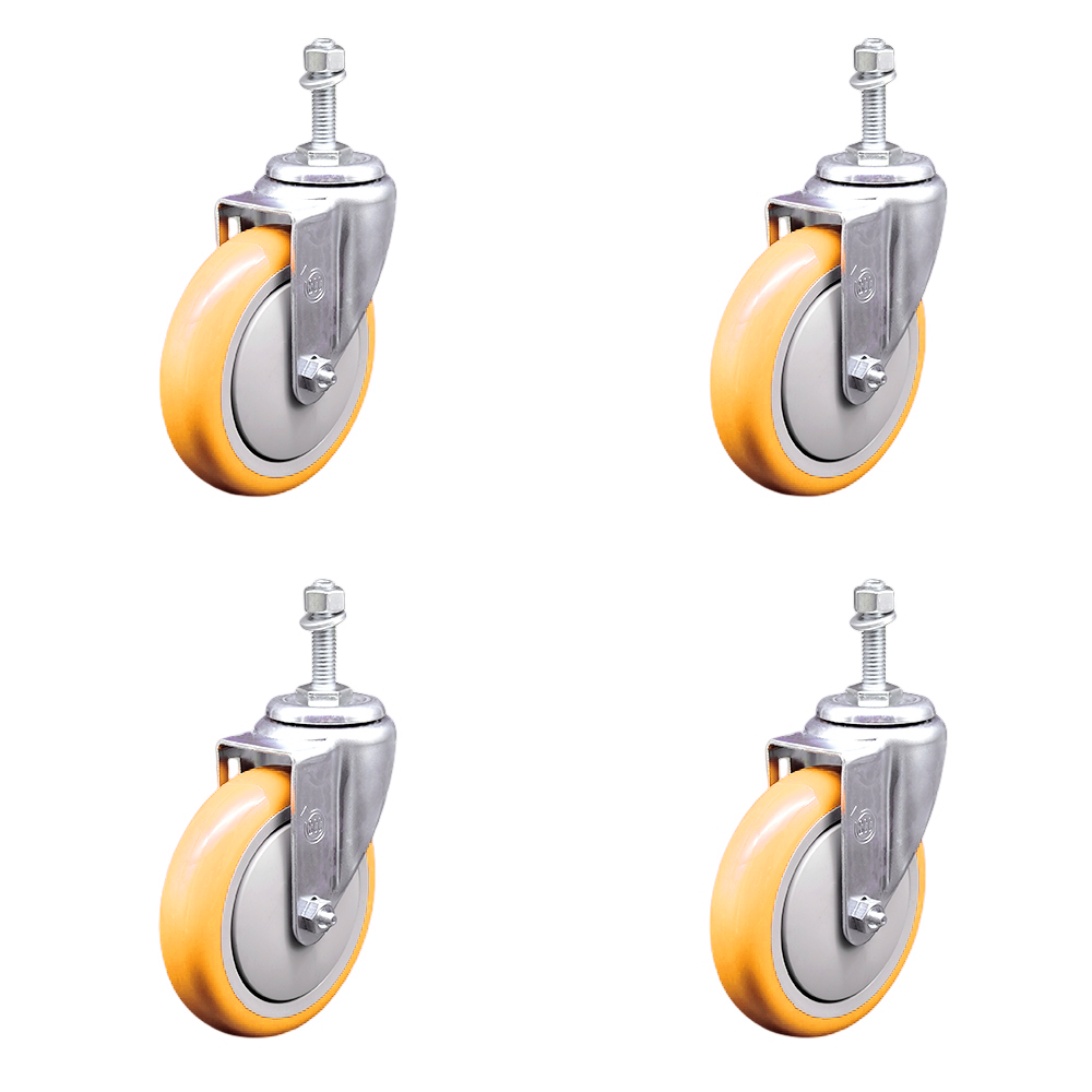 Stainless Steel Polyurethane Swivel Threaded Stem Caster Set of 4 w/5" x 1.25" Yellow Wheels and 10mm Stems - Includes 4 Swivel - 1400 lbs Total Capacity - Service Caster Brand — photo 1