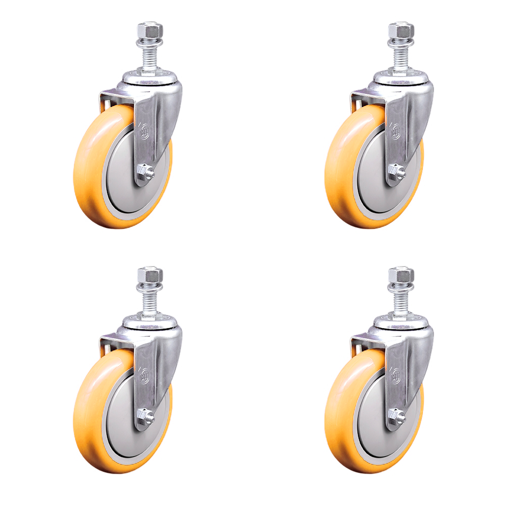 Stainless Steel Polyurethane Swivel Threaded Stem Caster Set of 4 w/5" x 1.25" Yellow Wheels and 12mm Stems - Includes 4 Swivel - 1400 lbs Total Capacity - Service Caster Brand — photo 1