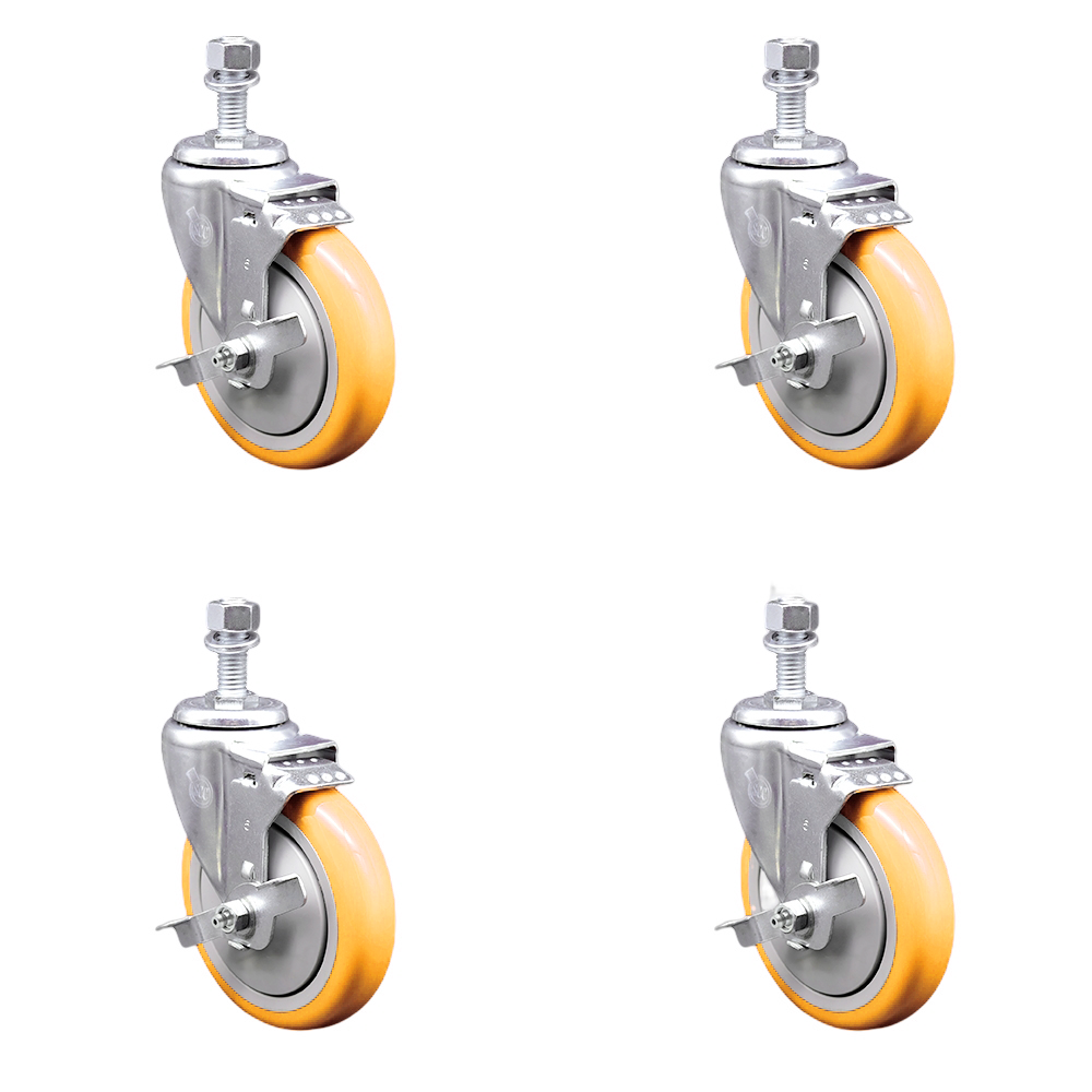 Stainless Steel Polyurethane Swivel Threaded Stem Caster Set of 4 w/5" x 1.25" Yellow Wheels and 1/2" Stems - Includes 4 with Top Lock Brakes - 1400 lbs Total Capacity - Service Caster Brand — photo 1