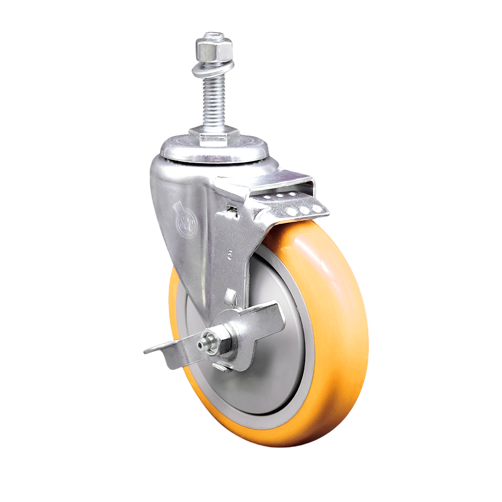 Stainless Steel Polyurethane Swivel Threaded Stem Caster w/5" x 1.25"  Yellow Wheel and 3/8" Stem & Top Locking Brake - 350 lbs Capacity/Caster - Service Caster Brand — photo 1