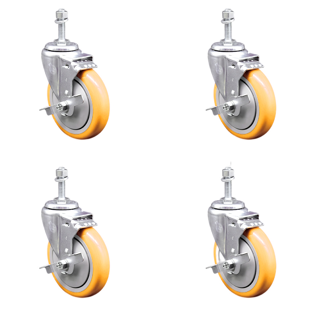 Stainless Steel Polyurethane Swivel Threaded Stem Caster Set of 4 w/5" x 1.25" Yellow Wheels and 10mm Stems - Includes 4 with Top Lock Brakes - 1400 lbs Total Capacity - Service Caster Brand — photo 1