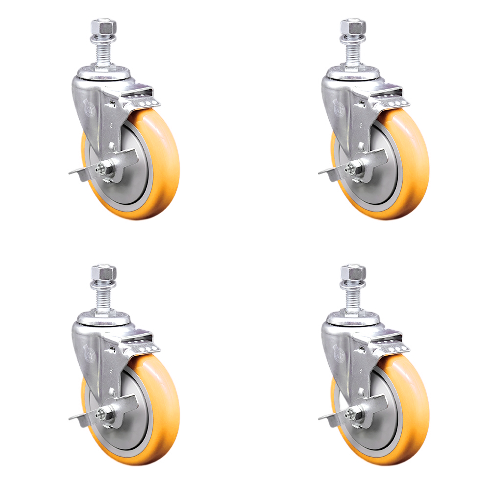 Stainless Steel Polyurethane Swivel Threaded Stem Caster Set of 4 w/5" x 1.25" Yellow Wheels and 12mm Stems - Includes 4 with Top Lock Brakes - 1400 lbs Total Capacity - Service Caster Brand — photo 1
