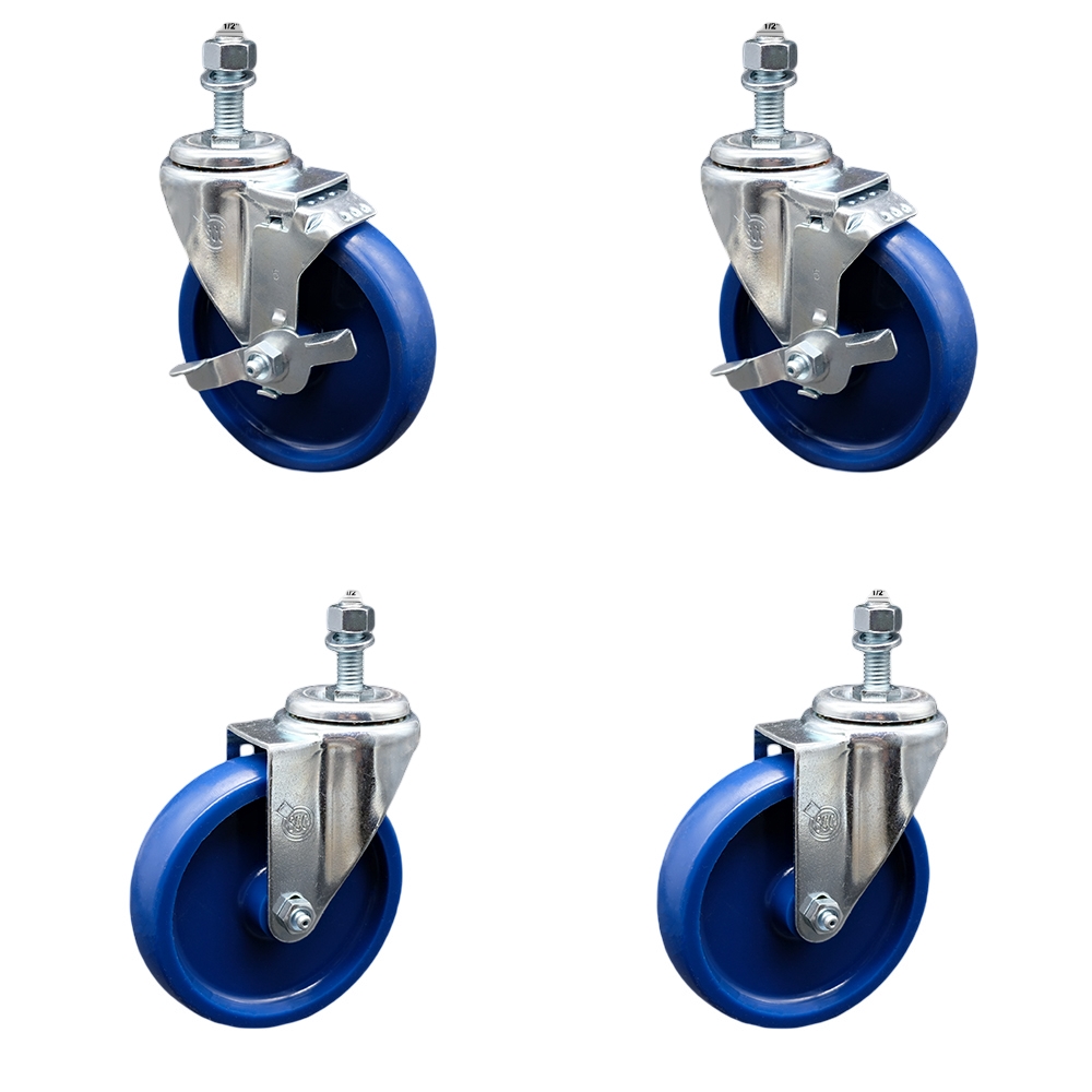Stainless Steel Solid Polyurethane Swivel Threaded Stem Caster Set of 4 w/5" x 1.25" Blue Wheels and 1/2" Stems - Includes 2 with Top Locking Brake - 1200 lbs Total Capacity - Service Caster Brand — photo 1