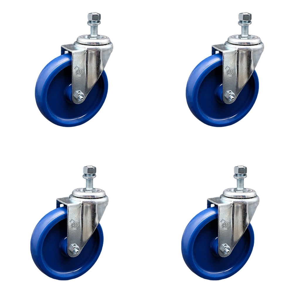 Stainless Steel Solid Polyurethane Swivel Threaded Stem Caster Set of 4 w/5" x 1.25" Blue Wheels and 1/2" Stems - Includes 4 Swivel - 1200 lbs Total Capacity - Service Caster Brand — photo 1