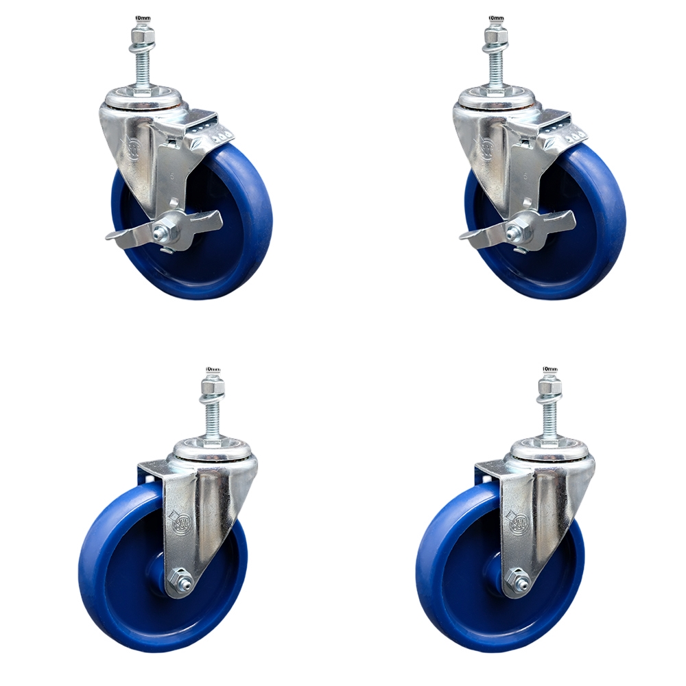 Stainless Steel Solid Polyurethane Swivel Threaded Stem Caster Set 4 w/5" x 1.25" Blue Wheels and 10MM Metric Stems - Includes 2 with Top Locking Brake - 1200 lbs Total Capacity - Service Caster Brand — photo 1