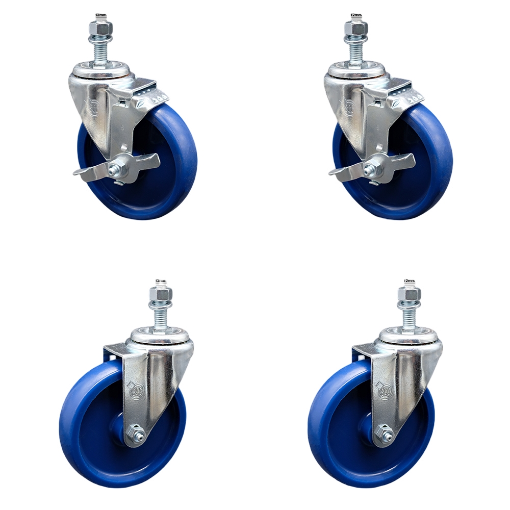 Stainless Steel Solid Polyurethane Swivel Threaded Stem Caster Set 4 w/5" x 1.25" Blue Wheels and 12MM Metric Stems - Includes 2 with Top Locking Brake - 1200 lbs Total Capacity - Service Caster Brand — photo 1