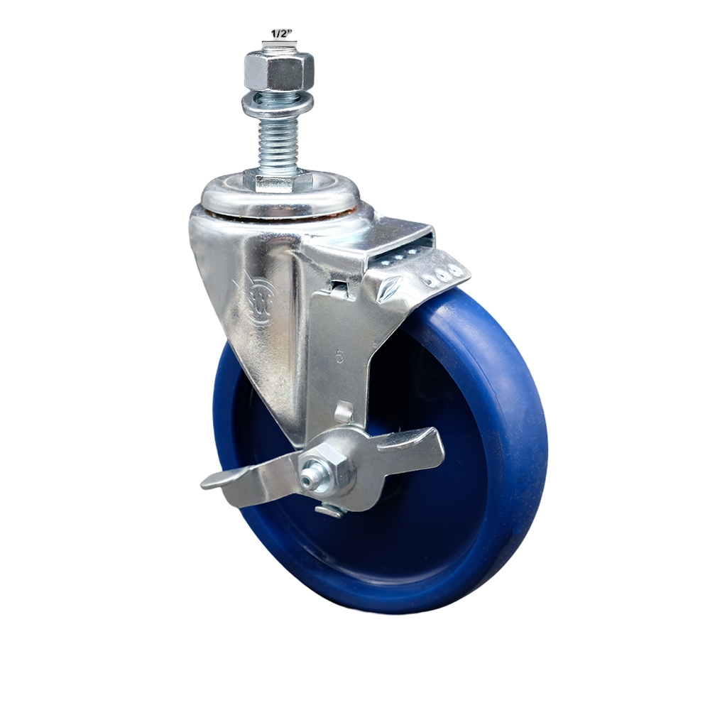 Stainless Steel Solid Polyurethane Swivel Threaded Stem Caster w/5" x 1.25" Blue Wheel and 1/2" Stem & Top Locking Brake - 300 lbs Capacity/Caster - Service Caster Brand — photo 1
