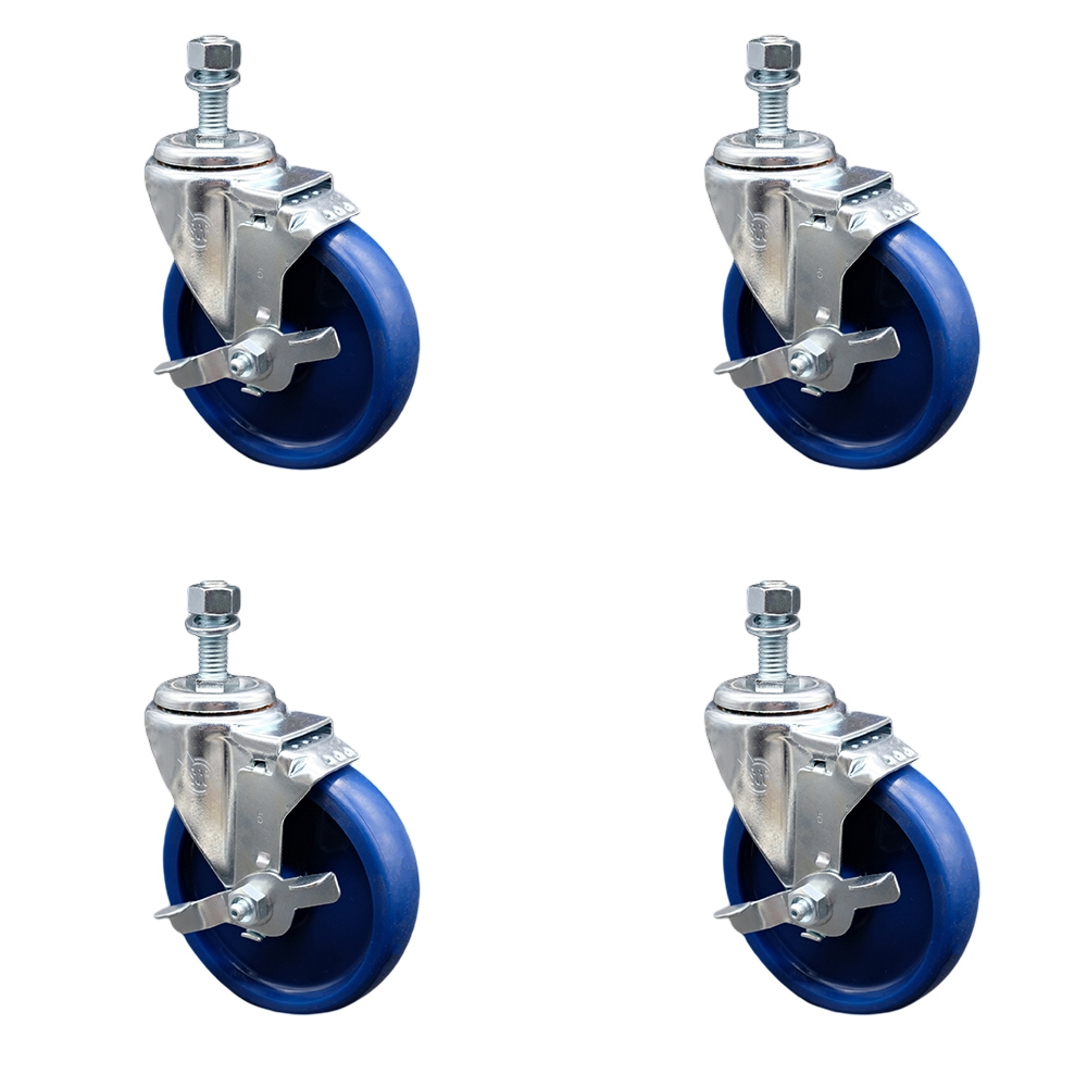 Stainless Steel Solid Polyurethane Swivel Threaded Stem Caster Set of 4 w/5" x 1.25" Blue Wheels and 3/8" Stems - Includes 4 with Top Lock Brakes - 1200 lbs Total Capacity - Service Caster Brand — photo 1