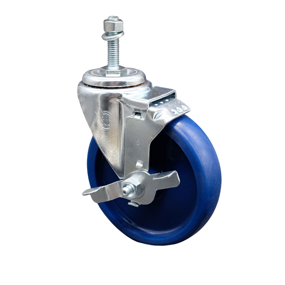 Stainless Steel Solid Polyurethane Swivel Threaded Stem Caster w/5" x 1.25" Blue Wheel and 3/8" Stem & Top Locking Brake - 300 lbs Capacity/Caster - Service Caster Brand — photo 1