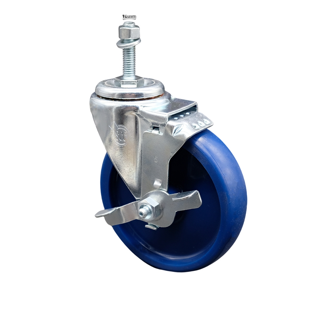 Stainless Steel Solid Polyurethane Swivel Threaded Stem Caster w/5" x 1.25" Blue Wheel and 10MM Metric Stem & Top Locking Brake - 300 lbs Capacity/Caster - Service Caster Brand — photo 1