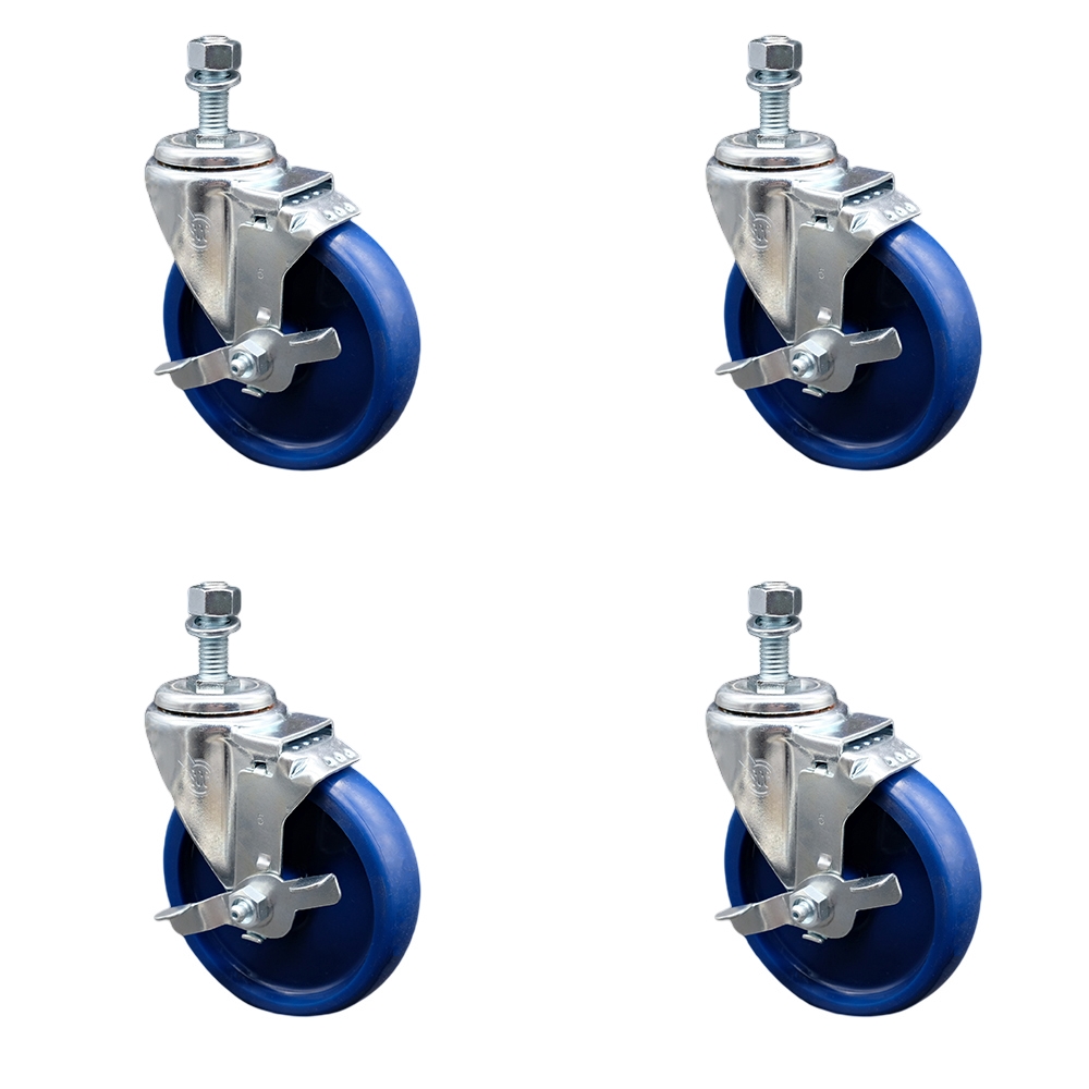 Stainless Steel Solid Polyurethane Swivel Threaded Stem Caster Set of 4 w/5" x 1.25" Blue Wheels and 12mm Stems - Includes 4 with Top Lock Brakes - 1200 lbs Total Capacity - Service Caster Brand — photo 1