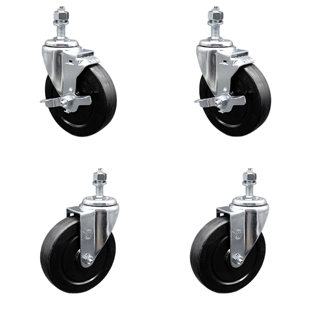 Stainless Steel Soft Rubber Swivel Threaded Stem Caster Set of 4 w/5" x 1.25" Black Wheels and 1/2" Stems - Includes 2 with Top Locking Brake - 1100 lbs Total Capacity - Service Caster Brand — photo 1