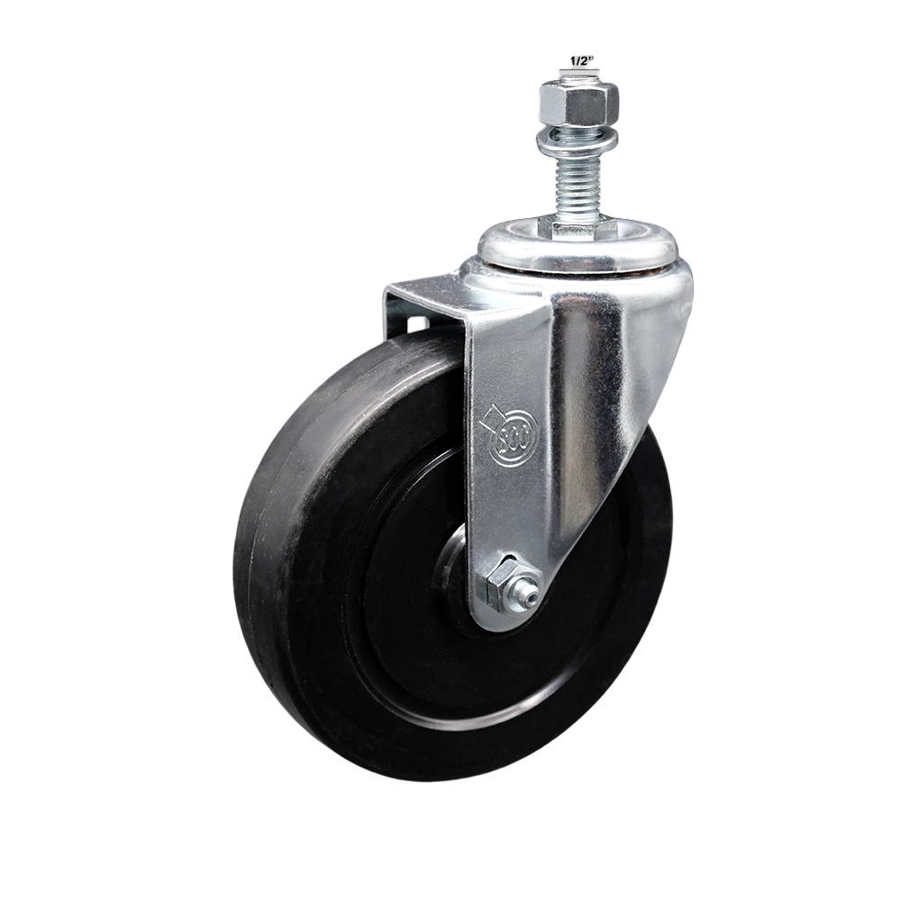 Stainless Steel Soft Rubber Swivel Threaded Stem Caster w/5" x 1.25" Black Wheel and 1/2" Stem - 275 lbs Capacity/Caster - Service Caster Brand — photo 1